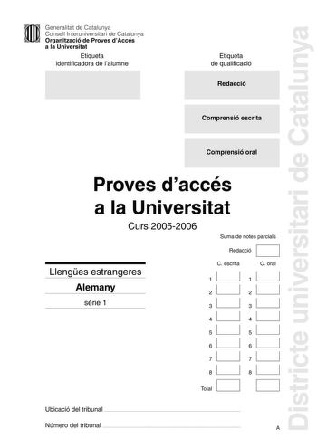 Districte universitari de Catalunya Generalitat de Catalunya Consell Interuniversitari de Catalunya Organització de Proves dAccés a la Universitat Etiqueta identificadora de lalumne Etiqueta de qualificació Redacció Comprensió escrita Comprensió oral Proves daccés a la Universitat Curs 20052006 Llenges estrangeres Alemany srie 1 Suma de notes parcials D Redacció C escrita C oral 1 1 2 2 3 3 4 4 5 5 6 6 7 7 8 D Total 8 D Ubicació del tribunal  Número del tribunal  A1 DER GEPLATZTE JAPANER Mit vo…