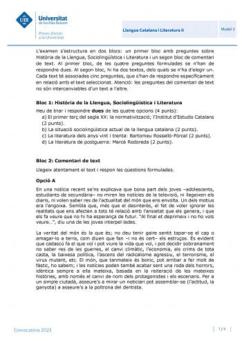 Examen de Lengua Catalana y Literatura (PBAU de 2023)