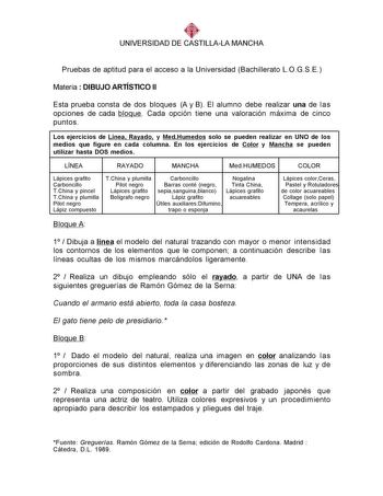 UNIVERSIDAD DE CASTILLALA MANCHA Pruebas de aptitud para el acceso a la Universidad Bachillerato LOGSE Materia  DIBUJO ARTÍSTICO II Esta prueba consta de dos bloques A y B El alumno debe realizar una de las opciones de cada bloque Cada opción tiene una valoración máxima de cinco puntos Los ejercicios de Línea Rayado y MedHumedos solo se pueden realizar en UNO de los medios que figure en cada columna En los ejercicios de Color y Mancha se pueden utilizar hasta DOS medios LÍNEA RAYADO MANCHA MedH…