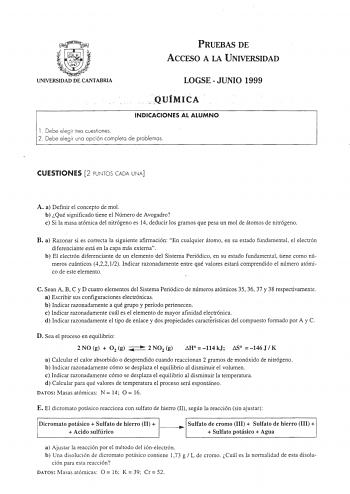 Examen de Química (selectividad de 1999)