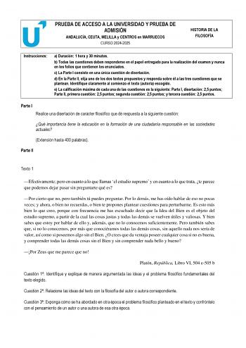 Examen de Historia de la Filosofía (PEvAU de 2025)