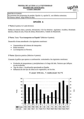 PRUEBA DE ACCESO A LA UNIVERSIDAD EXAMEN DE GEOGRAFÍA CURSO 20082009 upJf Nofurolo Joan rO INSTRUCCIONES Se presentan dos propuestas de prueba Opción A y opción B con idéntica estructura El alumno deberá elegir UNA de ellas OPCIÓN A 1 Parte 2 puntos 05 cada término Defina de manera clara y precisa únicamente 4 de los términos siguientes Acuífero Modelado kárstico Masas de aire Pesca de altura Monocultivo Tratado de Maastricht 2 Parte Tema Los transportes en España Máximo 4 puntos Desarrolle el …