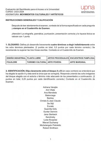 Examen de Movimientos Culturales y Artísticos (EvAU de 2024)