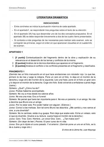 Examen de Literatura Dramática (EBAU de 2025)