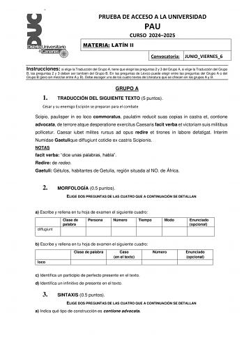 Examen de Latín II (EBAU de 2025)