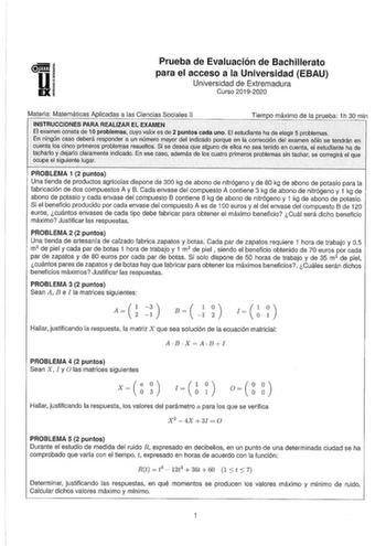 u Prueba de Evaluación de Bachillerato para el acceso a la Universidad EBAU Universidad de Extremadura Curso 20192020 Materia Matemáticas Aplicadas a las Ciencias Sociales 11 Tiempo máximo de la prueba 1h 30 min lL y INSTRUCCIOES PARA REALIZAR EXAMEN              El examen consta de 1Oproblemas cuyo valoes de 2 puntos cada uno El estudlaptihade elegir 5 problemas  En ningún caso deberárespoder aun númeromYrdeJ indicado porque en lacorrecci6n deI examen sólose tendrán en cuenta los cincp primero…