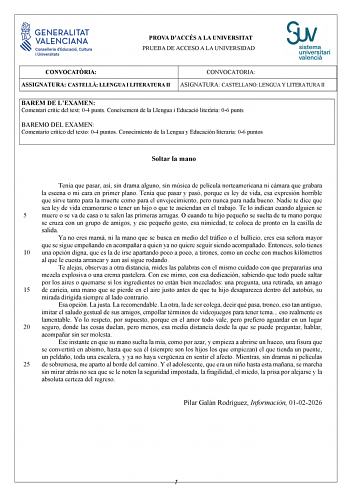 Lengua Castellana y Literatura – PAU Comunidad Valenciana (2026)