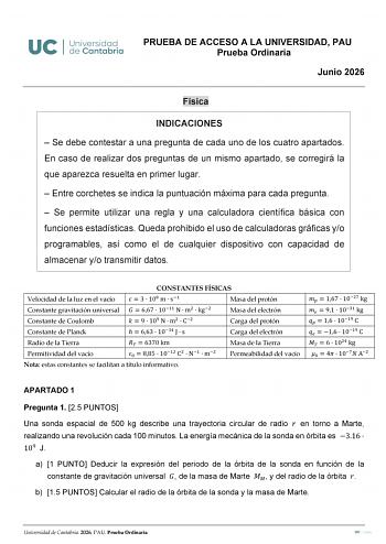 Física – EBAU Cantabria (2026)