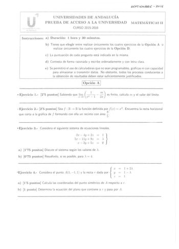 Examen de Matemáticas II (PAU de 2016)