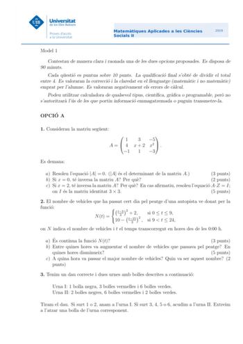 Examen de Matemáticas Aplicadas a las Ciencias Sociales (PBAU de 2019)