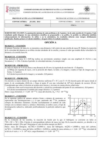 Examen de Física (PAU de 2014)