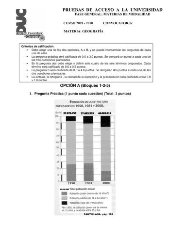 PRUEBAS DE ACCESO A LA UNIVERSIDAD FASE GENERAL MATERIAS DE MODALIDAD CURSO 2009  2010 CONVOCATORIA MATERIA GEOGRAFÍA Criterios de calificación  Debe elegir una de las dos opciones A o B y no puede intercambiar las preguntas de cada una de ellas  La pregunta práctica será calificada de 00 a 30 puntos Se otorgará un punto a cada una de las tres cuestiones planteadas  En la pregunta dos debe elegir y definir sólo cuatro de los seis términos propuestos Cada término será calificado de 00 a 05 punto…