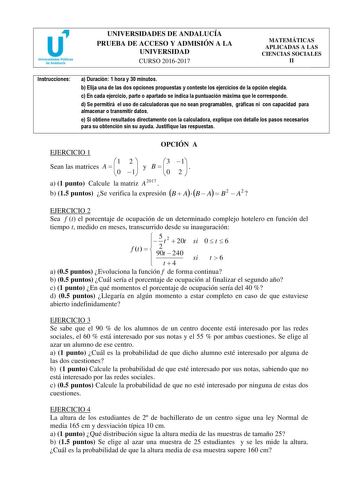 Examen de Matemáticas Aplicadas a las Ciencias Sociales (PEvAU de 2017)