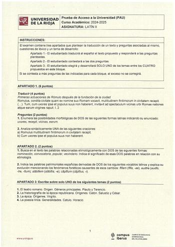 Examen de Latín II (EBAU de 2025)