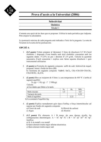 Examen de Química (selectividad de 2006)