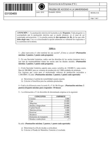 11 1111 1 111 11 11 11 11 11 03100469  Junio  2015 Economía de la Empresa FE 1 PRUEBA DE ACCESO A LA UNIVERSIDAD 1 Duración 90min MODELO 02 Hoja 1 de 2 ATENCIÓN l La puntuación máxima de la prueba es de 10 puntos Cada pregunta va acompañada por la puntuación máxima que se puede alcanzar en el caso de ser contestada correctamente 2 La prueba consta de dos opciones A B de las que sólo debe elegir una Una vez seleccionada la opción solamente se valorarán las respuestas a la cuestiones de la misma …