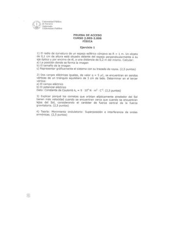 PRUEBA DE ACCESO CURSO 20052006 FÍSICA Ejercicio 1 1 El radio de curvatura de un espejo esférico cóncavo es R  1 m Un objeto de 01 cm de altura está situado delante del espejo perpendicularmente a su eje óptico y por encima de él a una distancia de 02 m del mismo Ca lcular a La posición donde se forma la imagen b El tamaño de la imagen c Representar gráficamente el sistema con su trazado de rayos 25 puntos 2 Dos cargas eléctricas iguales de va lor q  5 C se encuentran en sendos vértices de un t…