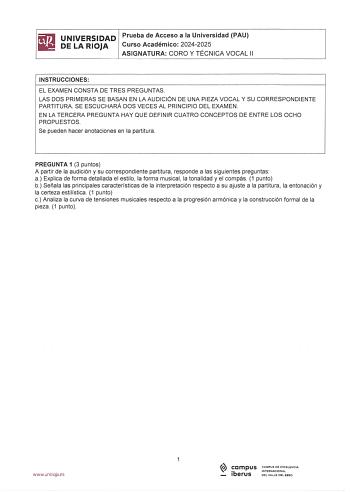 Examen de Coro y Técnica Vocal (EBAU de 2025)