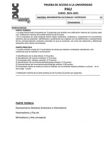 Examen de Movimientos Culturales y Artísticos (EBAU de 2025)