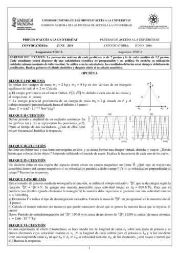 GENERALITAT VALENCIANA CONSIWIIA DIDtJCACIÓ IIMSTIGACIÓ CUllURA I ISNIT COMISSIÓ GESTORA DE LES PROVES DACCÉS A LA UNIVERSITAT COMISIÓN GESTORA DE LAS PRUEBAS DE ACCESO A LA UNIVERSIDAD iix     n  SISTEMA WIIVERSITARI VALErCL SISTEMA UNIVERSITARIO VALENCIAiO PROVES DACCÉS A LA UNIVERSITAT PRUEBAS DE ACCESO A LA UNIVERSIDAD CONVOCATRIA JUNY 2016 CONVOCATORIA JUNIO 2016 Assignatura FÍSICA Asignatura FÍSICA BAREMO DEL EXAMEN La puntuación máxima de cada problema es de 2 puntos y la de cada cuestió…