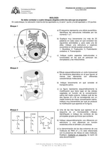 IVERSIDAD DE VIEDO  Vicerrectorado de Estudiantes y Empleo PRUEBAS DE ACCESO A LA UNIVERSIDAD Curso 20082009 BIOLOGÍA Se debe contestar a cuatro bloques elegidos entre los seis que se proponen En cada bloque la valoración máxima de los apartados a y b será 1 punto y la del apartado c 05 puntos Bloque 1 a El esquema representa una célula eucariótica Identifique las estructuras indicadas por los 7 1 números 1 a 7 b Explique muy brevemente no más de 25 palabras en cada caso en qué consisten las si…