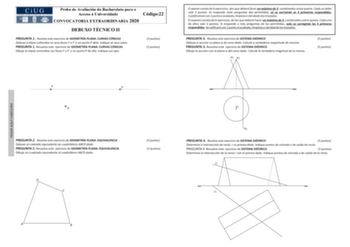 Proba de Avaliación do Bacharelato para o Acceso á Universidade Código22 CONVOCATORIA EXTRAORDINARIA 2020 DEBUXO TÉCNICO II PREGUNTA 1 Resolva este exercicio de XEOMETRÍA PLANA CURVAS CÓNICAS Debuxe a elipse coñecidos os seus focos F e F e un punto P dela Indique os seus eixos PREGUNTA 1 Resuelva este ejercicio de GEOMETRÍA PLANA CURVAS CÓNICAS Dibuje la elipse conocidos sus focos F y F y un punto P de ella Indique sus ejes 3 puntos 3 puntos O exame consta de 6 exercicios dos que deberá facer u…