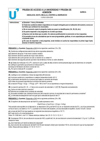 Examen de Química (PEvAU de 2025)
