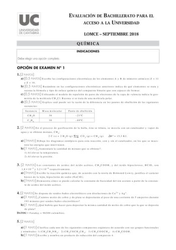 Examen de Química (EBAU de 2018)