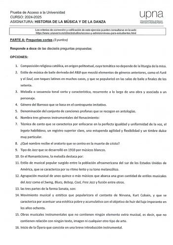 Examen de Historia de la Música y de la Danza (EvAU de 2025)
