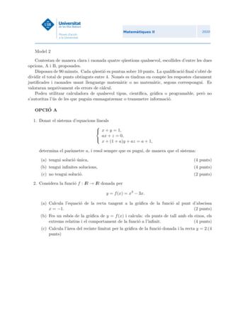 Examen de Matemáticas II (PBAU de 2020)