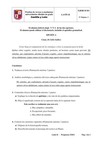 Examen de Latín II (PAU de 2011)