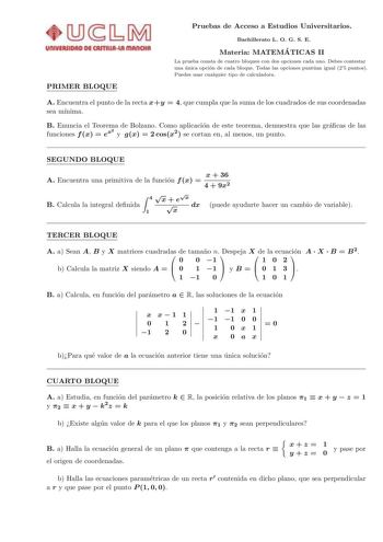 Examen de Matemáticas II (selectividad de 2009)