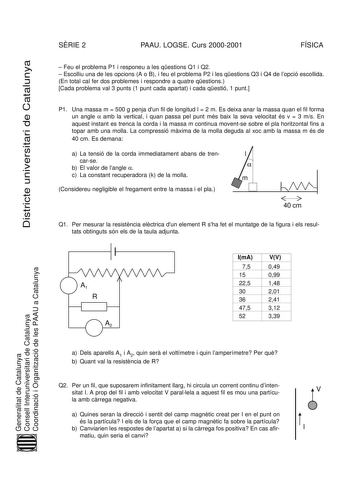 Districte universitari de Catalunya SRIE 2 PAAU LOGSE Curs 20002001 FÍSICA  Feu el problema P1 i responeu a les qestions Q1 i Q2  Escolliu una de les opcions A o B i feu el problema P2 i les qestions Q3 i Q4 de lopció escollida En total cal fer dos problemes i respondre a quatre qestions Cada problema val 3 punts 1 punt cada apartat i cada qestió 1 punt P1 Una massa m  500 g penja dun fil de longitud l  2 m Es deixa anar la massa quan el fil forma un angle  amb la vertical i quan passa pel punt…