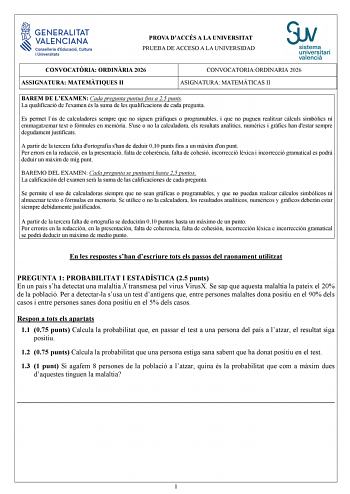 Matemáticas II – PAU Comunidad Valenciana (2026)