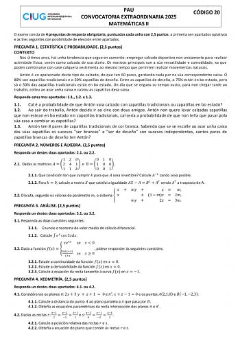 Examen de Matemáticas II (ABAU de 2025)
