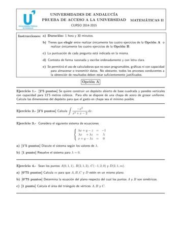 Examen de Matemáticas II (PAU de 2015)