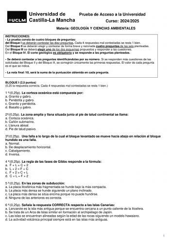 Examen de Geología y Ciencias Ambientales (EvAU de 2025)
