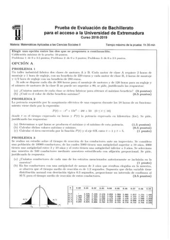 Prueba de Evaluación de Bachillerato para el acceso a la Universidad de Extremadura Curso 20182019 Materia Matemáticas Aplicadas a las Ciencias Sociales 11 Tiempo máximo de la prueba 1h 30 min Elegir una opción entre las dos que se proponen a continuación Calificación nuíxirna de la prueba 10 puntos Probhma l de O a 35 puntos Probk11w 2 de O n J puntos Prohhmw 3 de O a L5 puuto OPCIÓN A PROBLEMA 1 Un taller industrial fabrica dos elnas de motores A y B Cada 111otor dP clase A requiere 2 horas d…