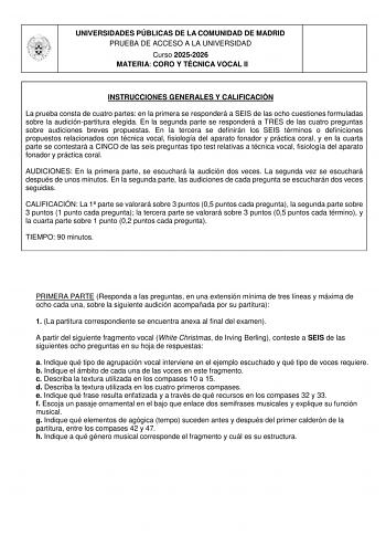 Coro y Técnica Vocal – EvAU Comunidad de Madrid (2026)
