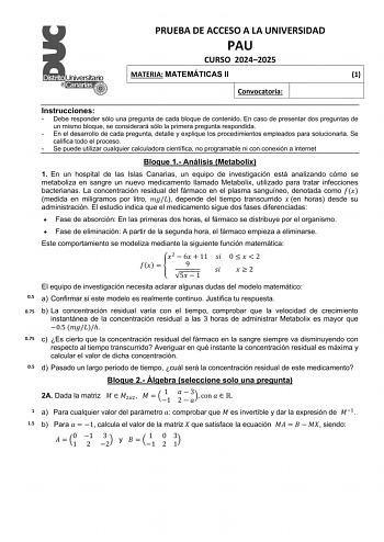 Examen de Matemáticas II (EBAU de 2025)