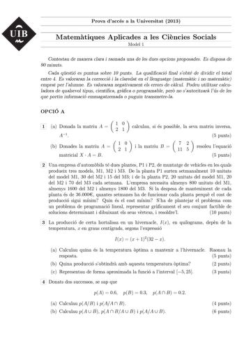 Examen de Matemáticas Aplicadas a las Ciencias Sociales (PAU de 2013)