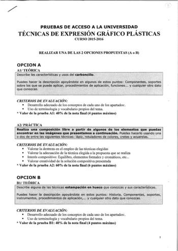 PRUEBAS DE ACCESO A LA UNIVERSIDAD TÉCNICAS DE EXPRESIÓN GRÁFICO PLÁSTICAS CURSO 20152016 REALIZAR UNA DE LAS 2 OPCIONES PROPUESTAS A o B OPCION A AlTEÓRICA CRITERIOS DE EVALUACIÓN  Desarrollo adecuado de los conceptos de cada uno de los apartados  Uso de terminología y vocabulario propios del tema  Valor de la prueba Al 40 de la nota final 4 puntos máximo A2 PRÁCTICA CRITERIOS DE EVALUACIÓN  Valorar la destreza en el empleo de las técnicas elegidas  Valorar la adecuación de la técnica elegida …