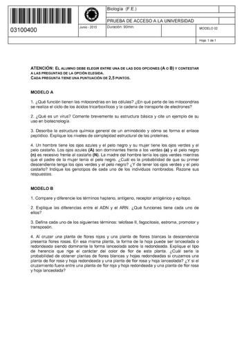 11 1111 1 111 11 11 11 11 11 03100400  Junio  2015 Biología FE 1 PRUEBA DE ACCESO A LA UNIVERSIDAD Duración 90min 1 MODELO 02 Hoja 1 de 1 ATENCIÓN EL ALUMNO DEBE ELEGIR ENTRE UNA DE LAS DOS OPCIONES A O 8 Y CONTESTAR A LAS PREGUNTAS DE LA OPCIÓN ELEGIDA CADA PREGUNTA TIENE UNA PUNTUACIÓN DE 25 PUNTOS MODELO A 1 Qué función tienen las mitocondrias en las células En qué parte de las mitocondrias se realiza el ciclo de los ácidos tricarboxílicos y la cadena de transporte de electrones 2 Qué es un …