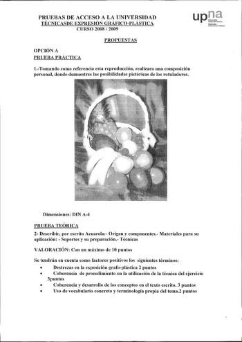 PRUEBAS DE ACCESO A LA UNIVERSIDAD TÉCNICASDE EXPRESIÓN GRÁFICOPLÁSTICA CURSO 2008  2009 uprúblieadeNovmo Noforroako Ulibrnsiolo Publlkoa PROPUESTAS OPCIÓN A PRUEBA PRÁCTICA 1Tomando como referencia esta reproducción realizara una composición personal donde demuestres las posibilidades pictóricas de los rotuladores Dimensiones DIN A4 PRUEBA TEÓRICA 2 Describir por escrito Acuarela Origen y componentes Materiales para su aplicación  Soportes y su preparación Técnicas VALORACIÓN Con un máximo de …