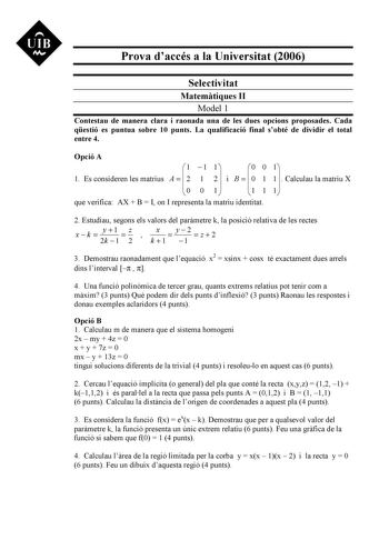 Examen de Matemáticas II (selectividad de 2006)