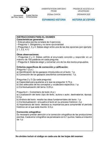 Examen de Historia de España (EAU de 2025)