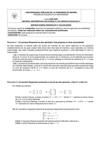 Matemáticas Aplicadas a las Ciencias Sociales – EvAU Comunidad de Madrid (2026)
