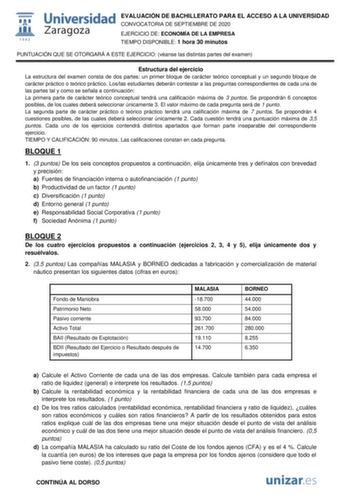 EVALUACIÓN DE BACHILLERATO PARA EL ACCESO A LA UNIVERSIDAD CONVOCATORIA DE SEPTIEMBRE DE 2020 EJERCICIO DE ECONOMÍA DE LA EMPRESA TIEMPO DISPONIBLE 1 hora 30 minutos PUNTUACIÓN QUE SE OTORGARÁ A ESTE EJERCICIO véanse las distintas partes del examen Estructura del ejercicio La estructura del examen consta de dos partes un primer bloque de carácter teórico conceptual y un segundo bloque de carácter práctico o teórico práctico Loslas estudiantes deberán contestar a las preguntas correspondientes d…