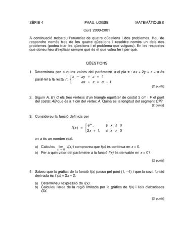 Examen de Matemáticas II (selectividad de 2001)