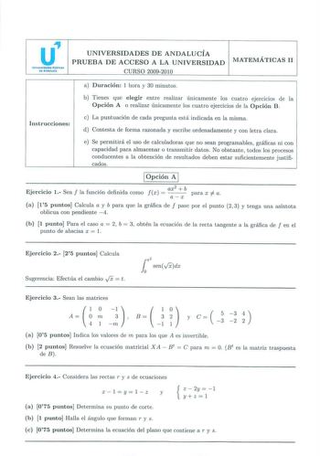 Examen de Matemáticas II (PAU de 2010)